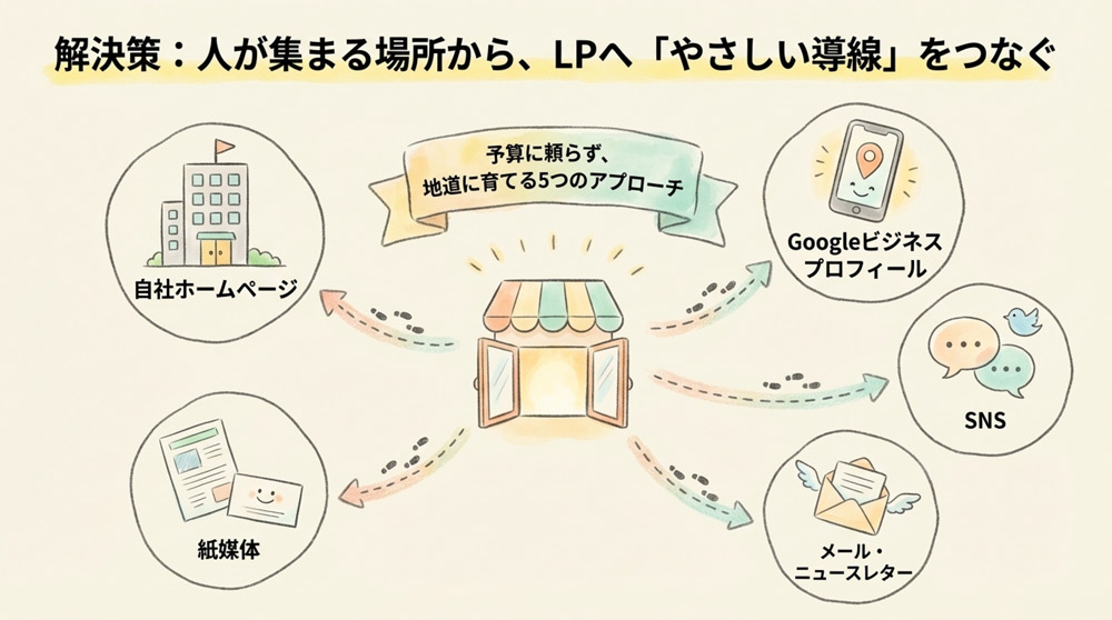 LP以外の場所(ホームページ・SNS・メールなど)から意図的にLPへ誘導する導線を設計する