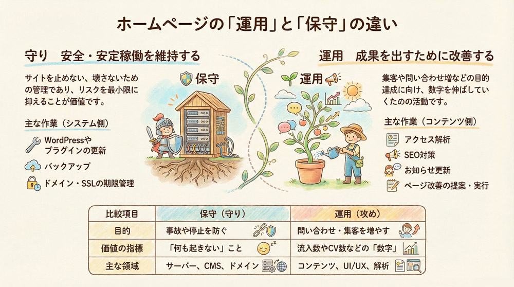 ホームページの「運用」と「保守」は何が違いますか？