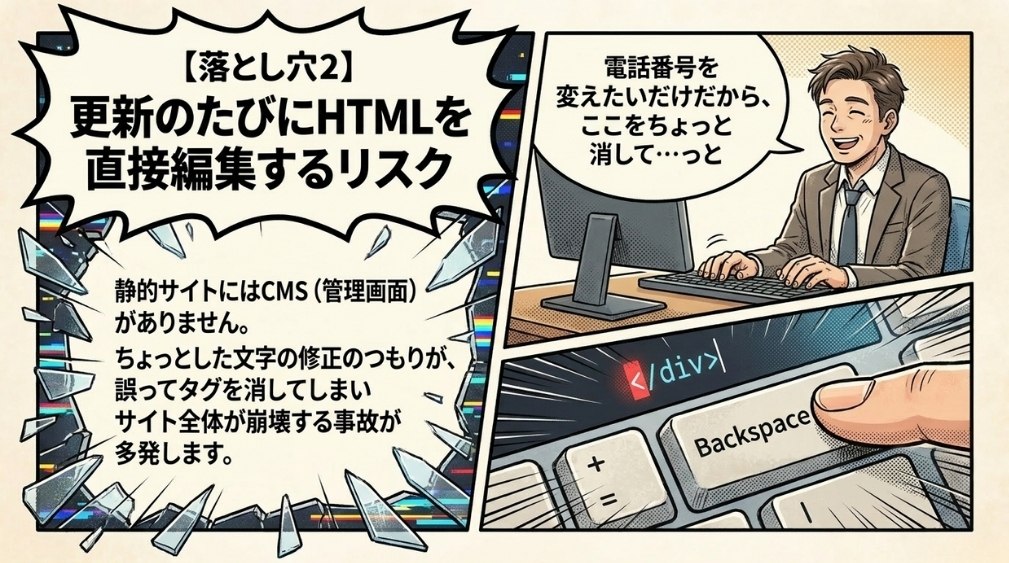 【落とし穴2】更新のたびにHTMLを直接編集する必要がある