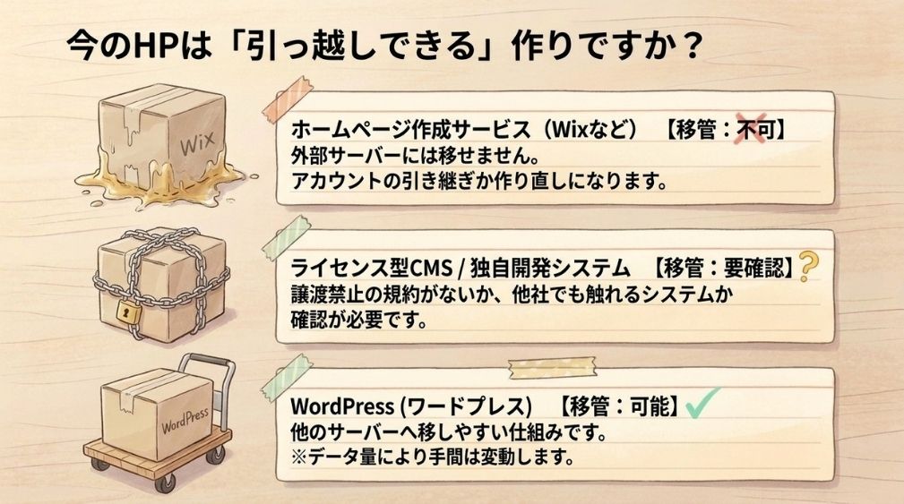 確認4｜ホームページが他社へ移せる作り方か｜Wix・独自システム・WordPress