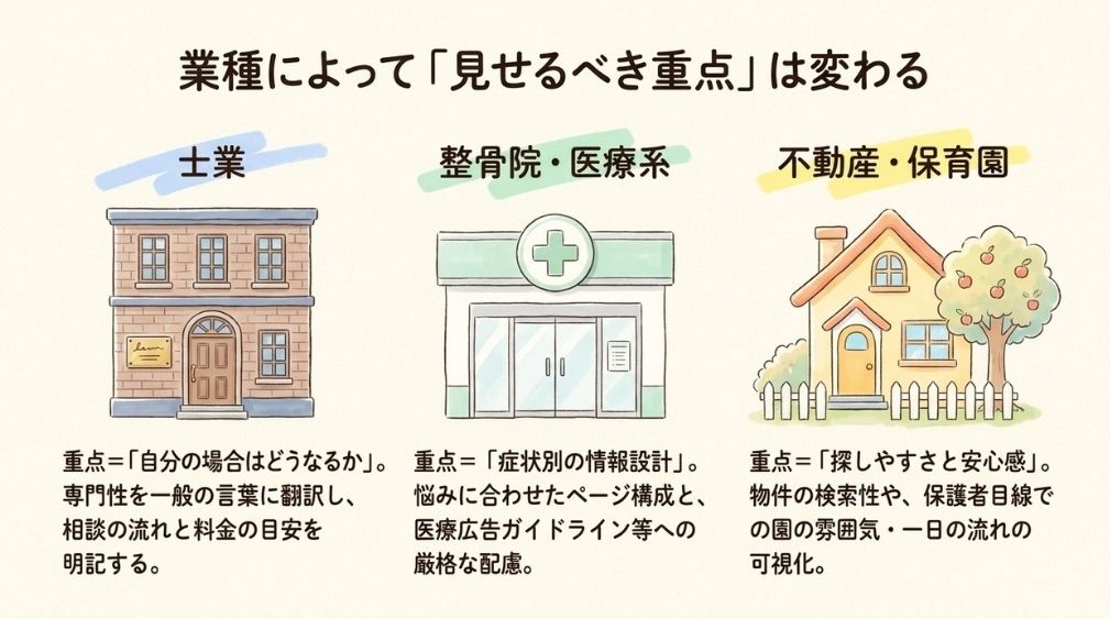業種別に見るリニューアルの重点（士業・整骨院や医療系・不動産や保育園）