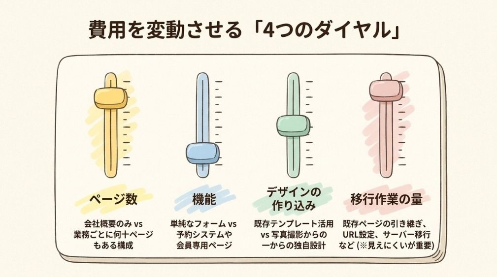 費用が変わる4つの要因（ページ数・機能・デザインの作り込み・移行作業の量）