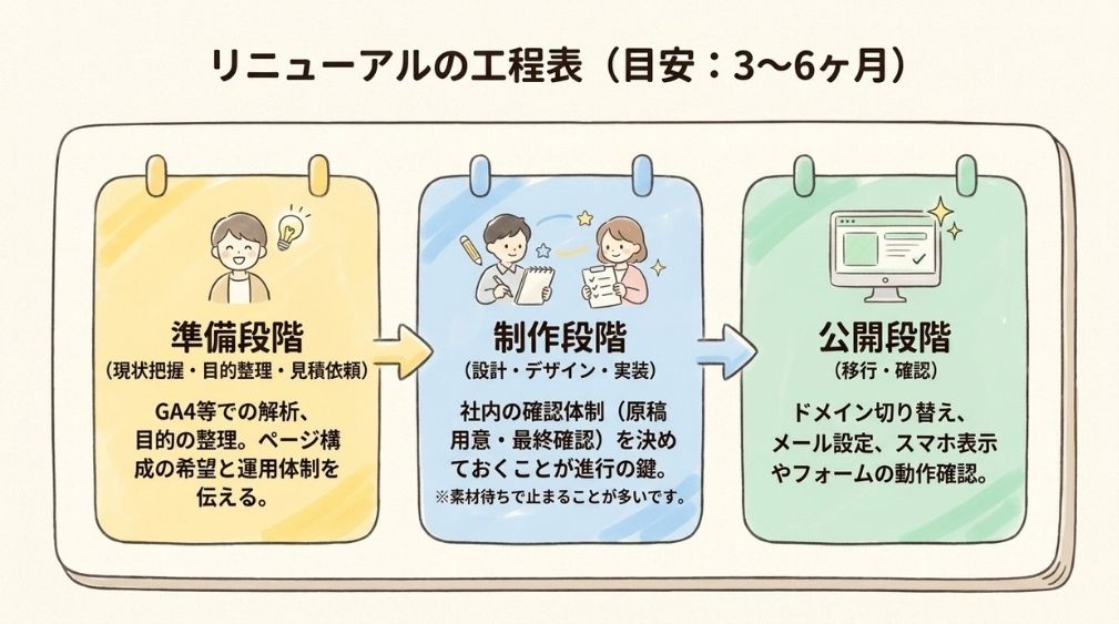 リニューアルの進め方と期間の目安（準備・制作・公開の3段階、3〜6か月）