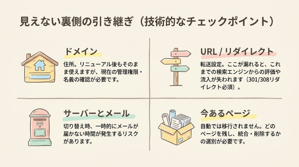 ホームページのリニューアルで引き継ぐもの（ドメイン・URLとリダイレクト・サーバーとメール・既存ページ）